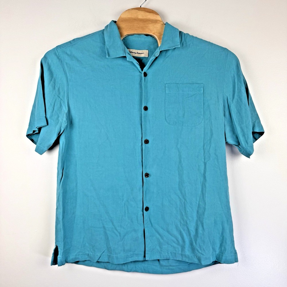 Tommy Bahama Men's Large Sea Blue‎ 100% Silk Short Sleeve Camp Shirt Button Up - Picture 2 of 5